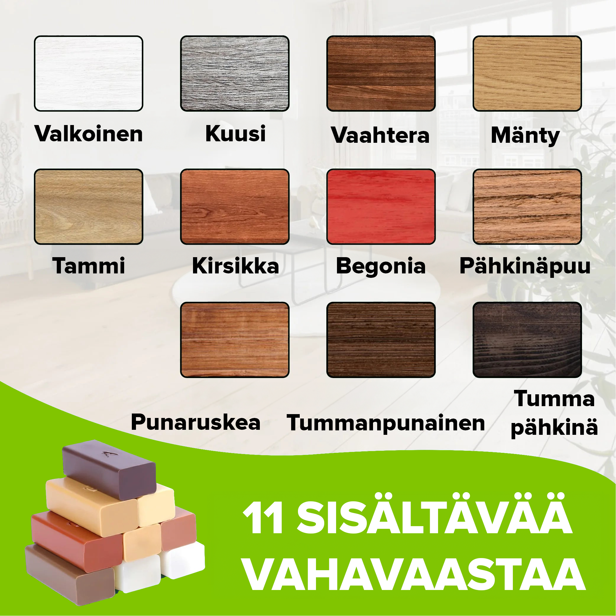 11-osainen läsvavapakketi puumaterialleille, listoille ja lattioille (Vakiosävyt)